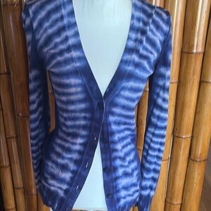 Tory Burch Navy and Light Blue Tie-Dye V-Neck Button Cardigan